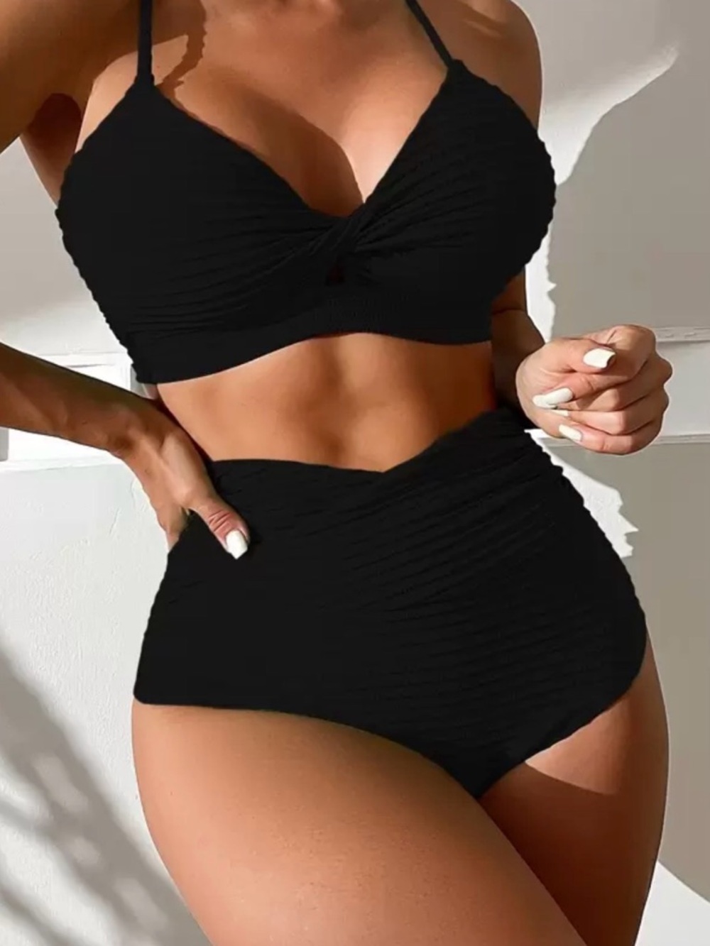 High-Waist Textured Black Swim Set - Women